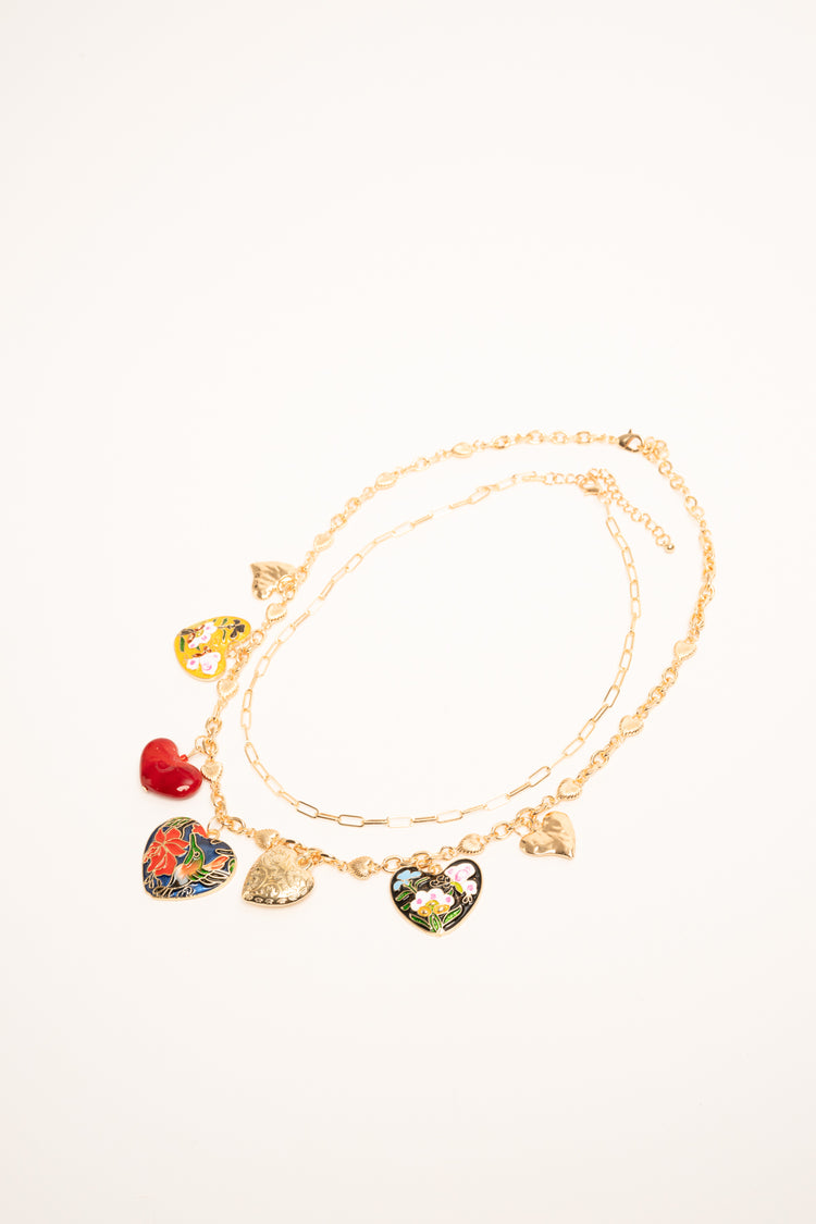 Multicolor heart pendant double necklace