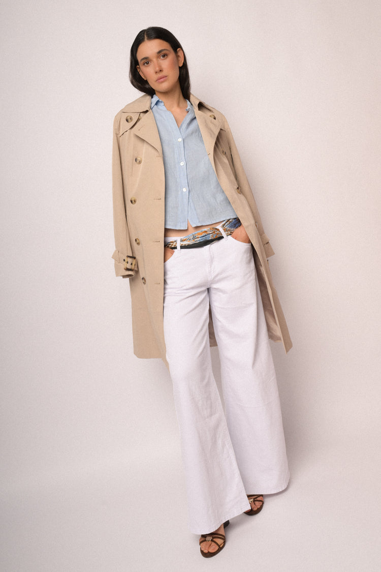 Beige double-breasted long trench coat