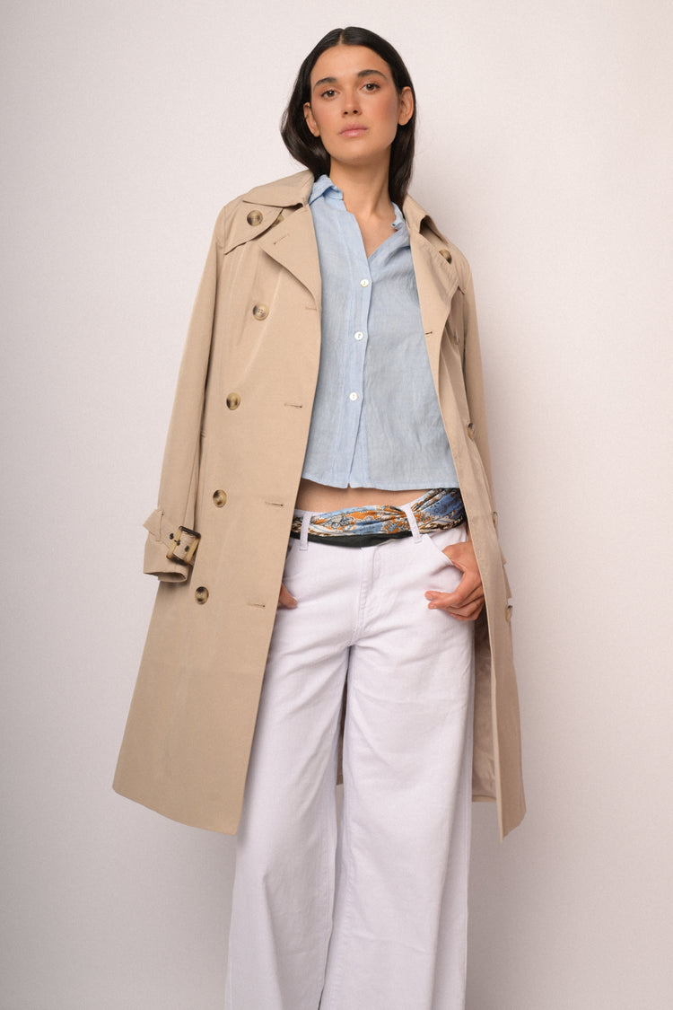 Beige double-breasted long trench coat
