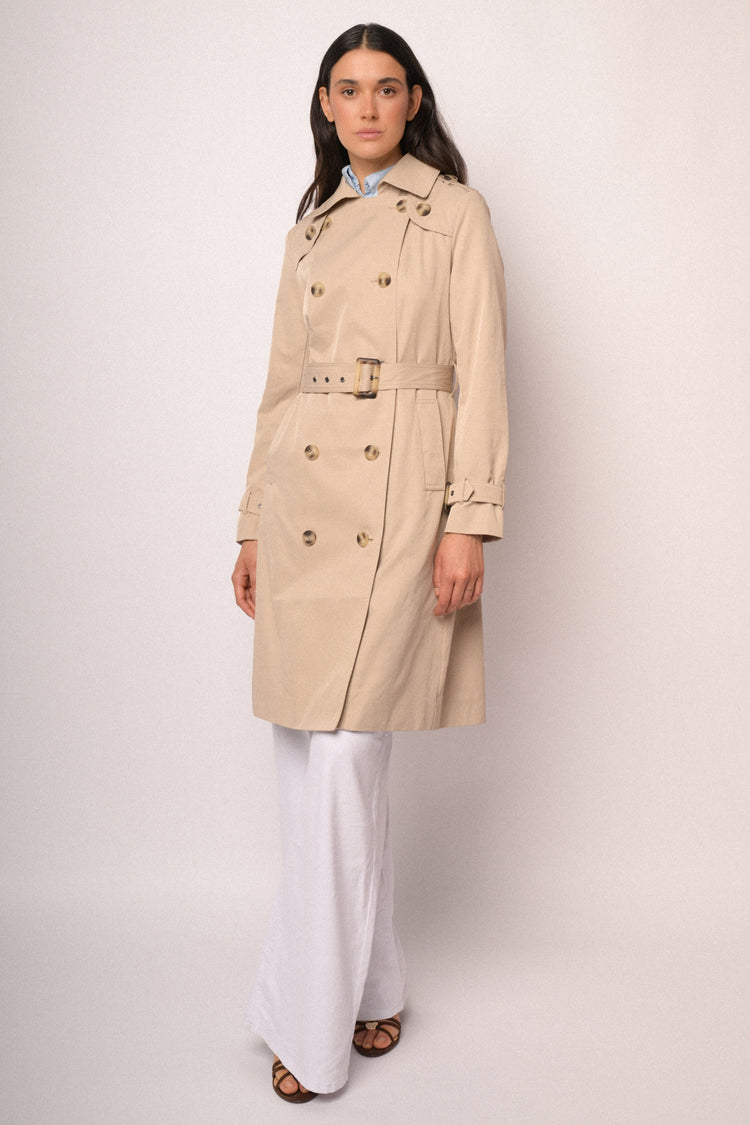Beige double-breasted long trench coat