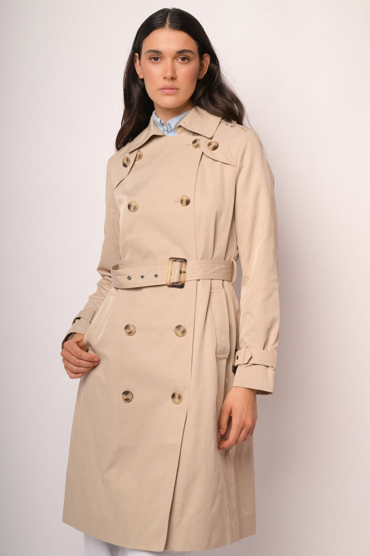 Beige double-breasted long trench coat