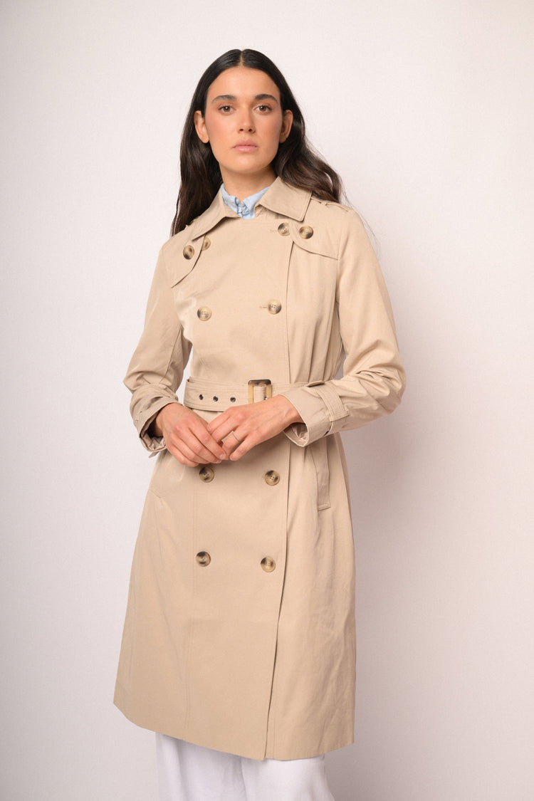 Beige double-breasted long trench coat