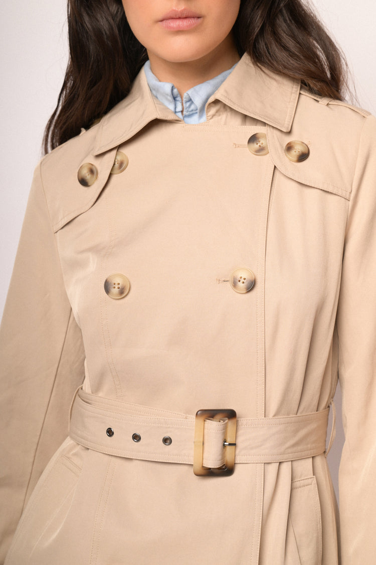 Beige double-breasted long trench coat