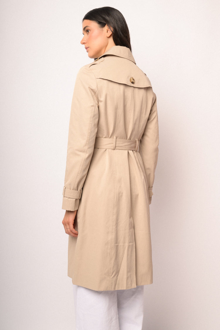 Beige double-breasted long trench coat