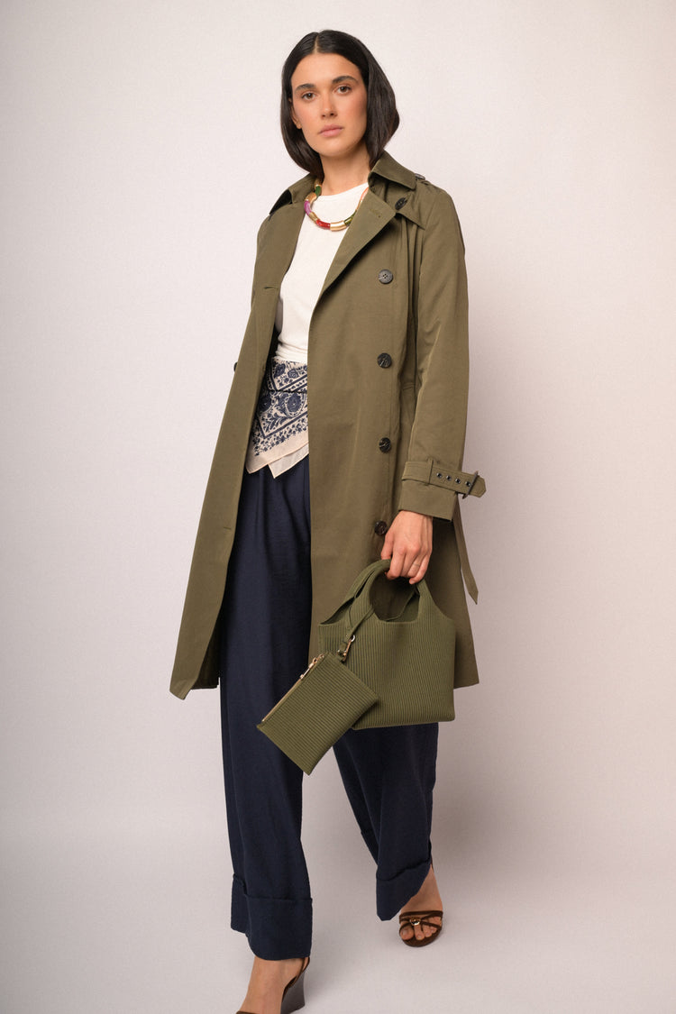 Green double-breasted long trench coat