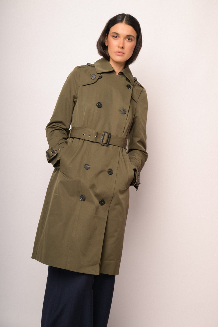 Green double-breasted long trench coat