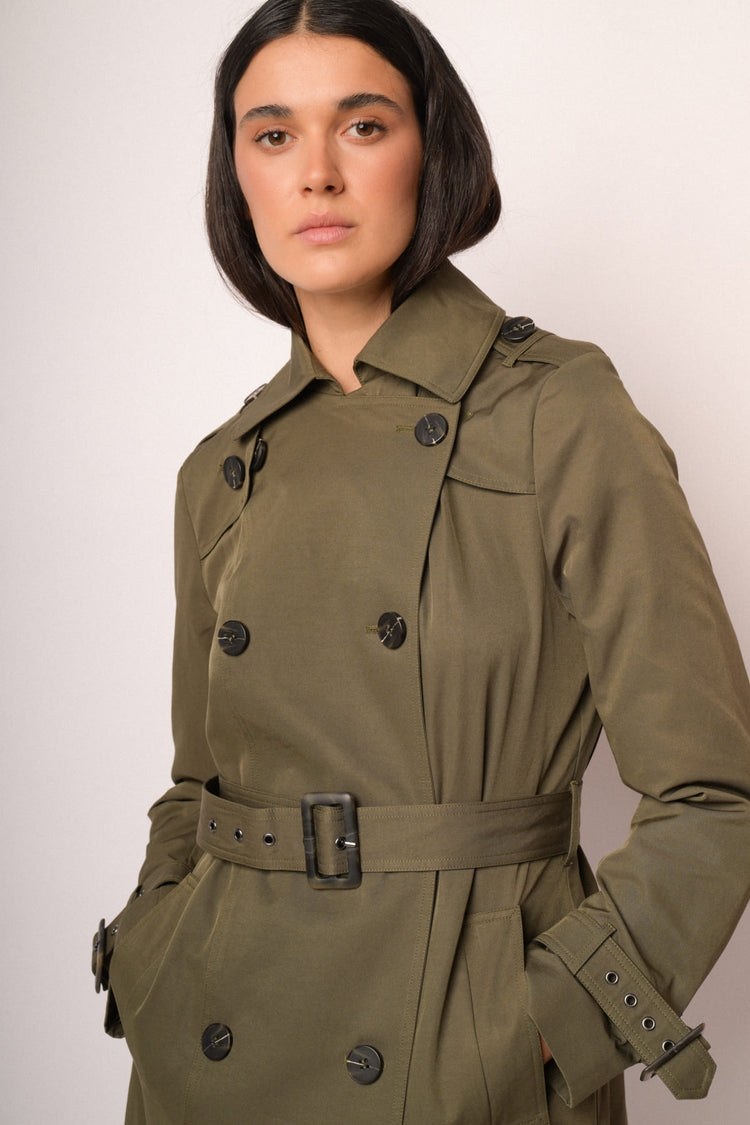 Green double-breasted long trench coat