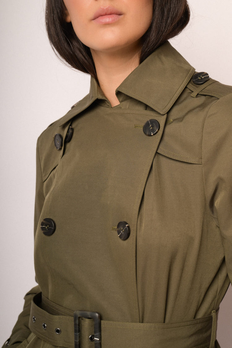 Green double-breasted long trench coat