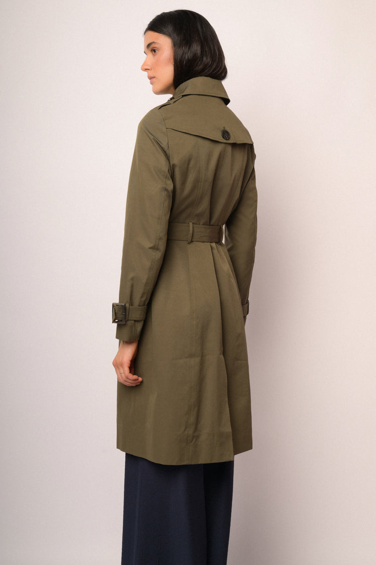Green double-breasted long trench coat