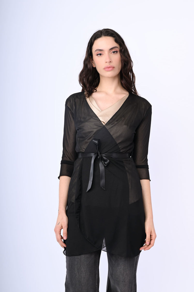Belted tulle cardigan