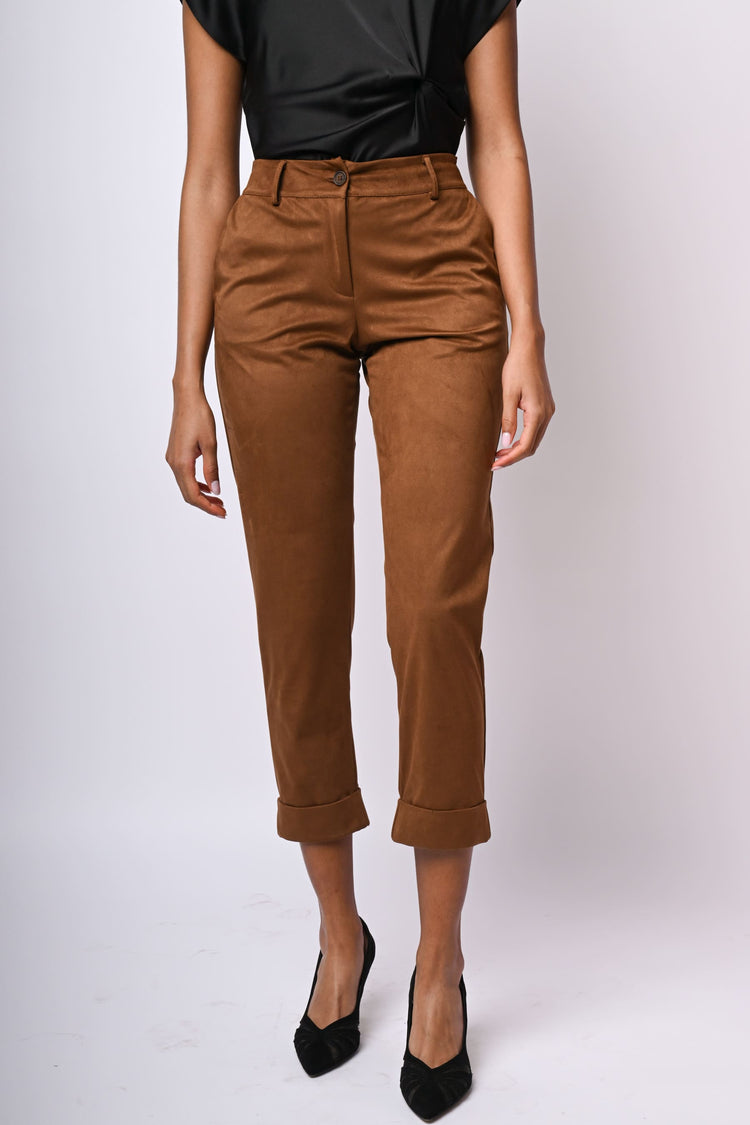 Faux suede turn-up trousers