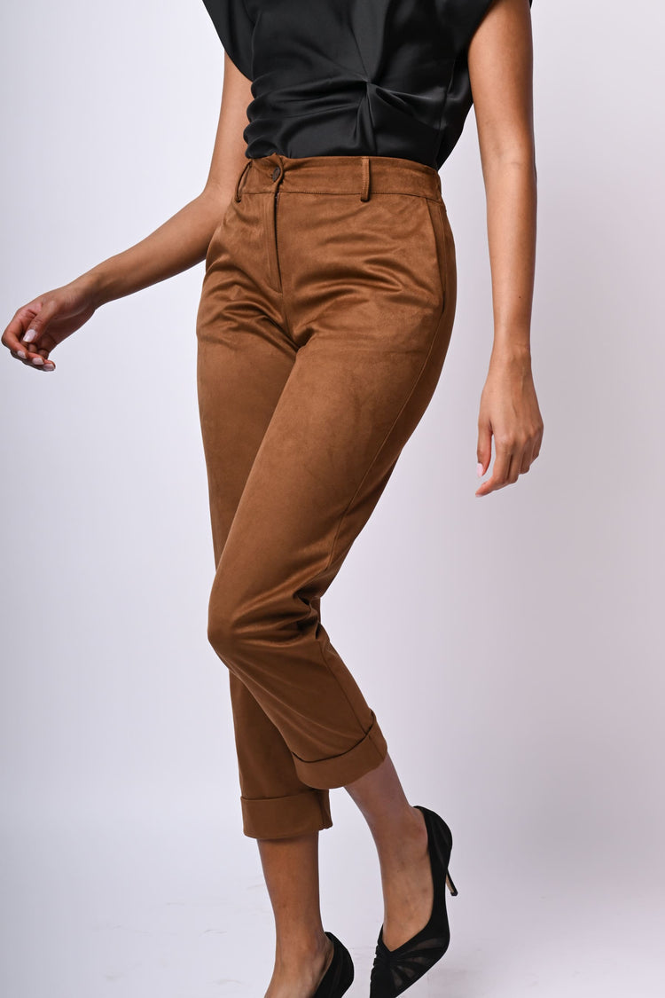 Faux suede turn-up trousers