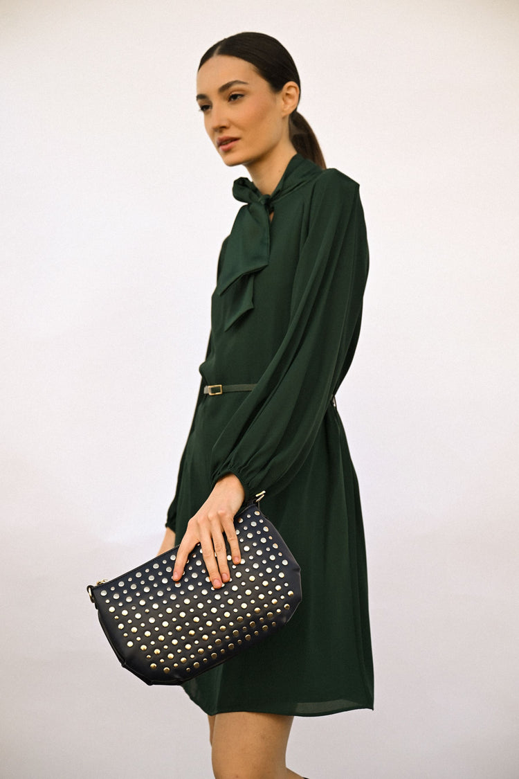 Pussy-bow-neck and belt dress