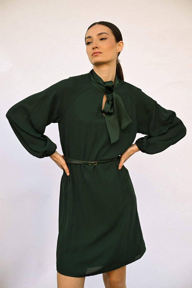 Pussy-bow-neck and belt dress
