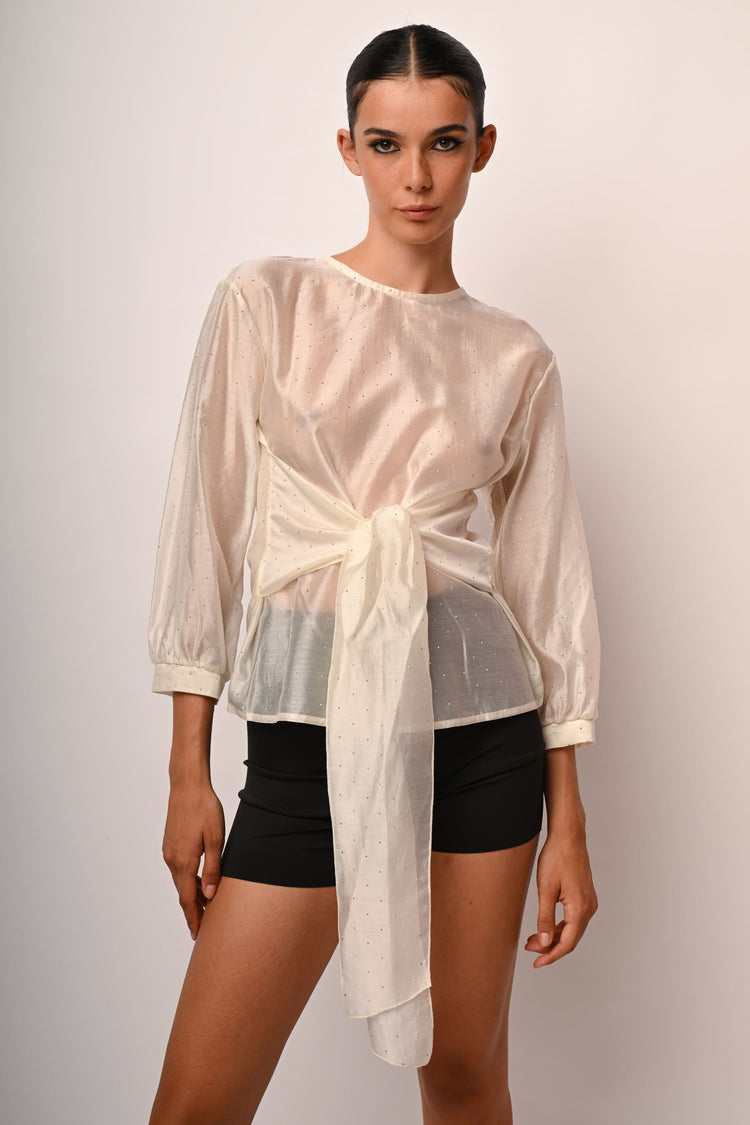 Rhinestone and bow muslin blouse