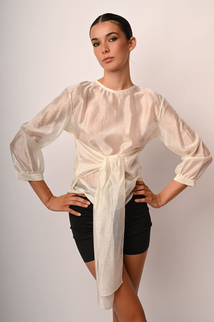 Rhinestone and bow muslin blouse