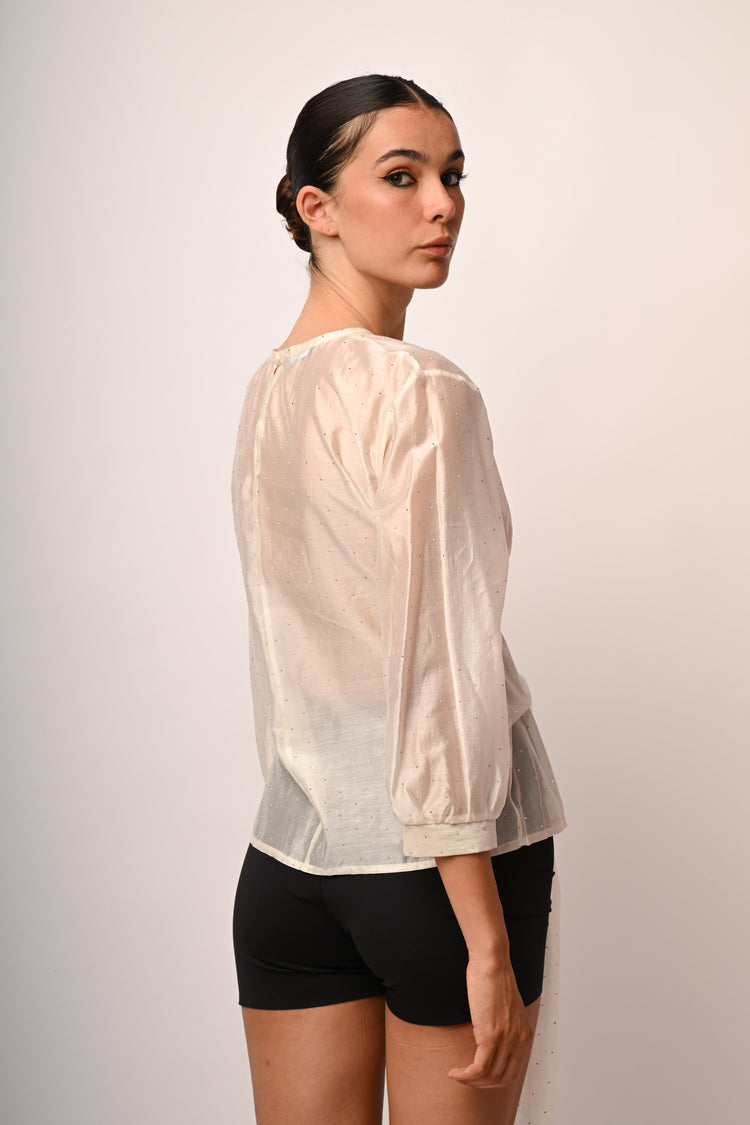 Rhinestone and bow muslin blouse