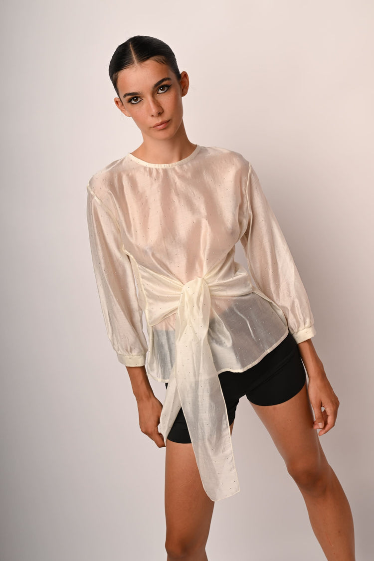 Rhinestone and bow muslin blouse