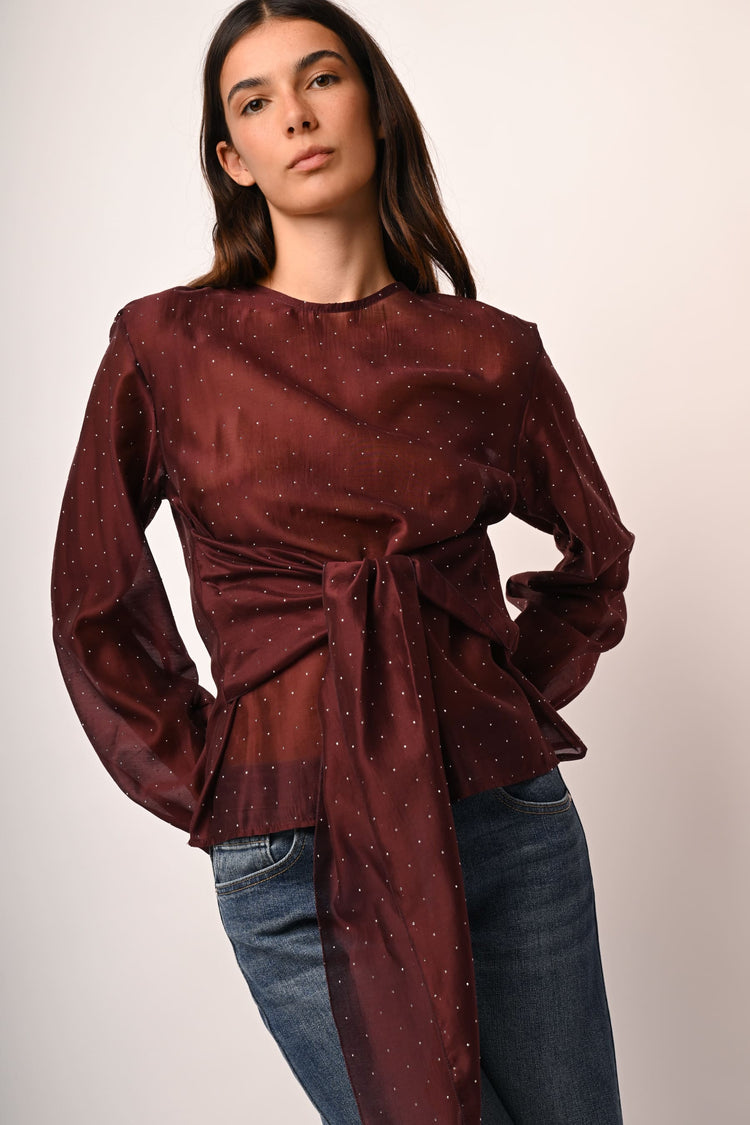 Rhinestone and bow muslin blouse