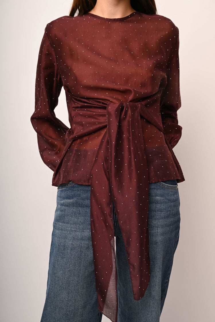 Rhinestone and bow muslin blouse