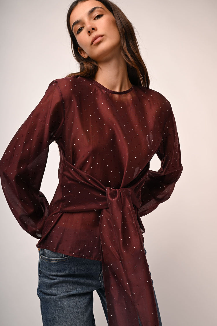 Rhinestone and bow muslin blouse