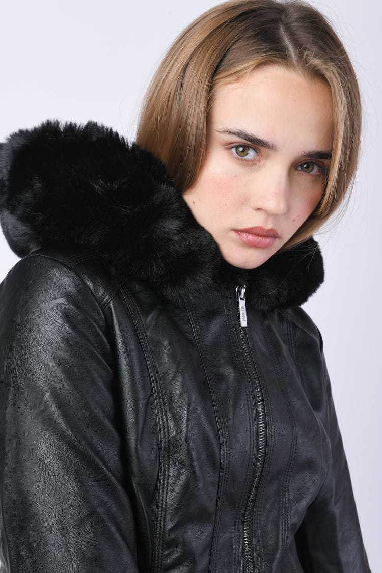 Faux fur-trimmed hood faux leather jacket