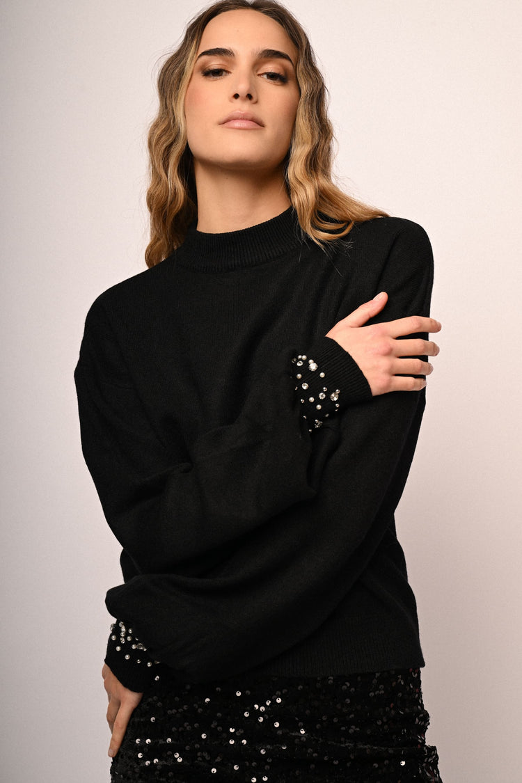 Rhinestone cuff mock sweater