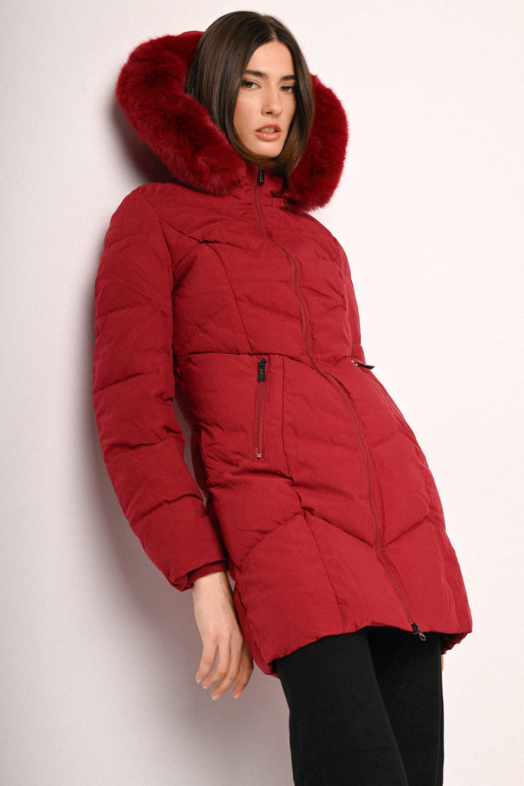 Faux fur trimmed-hoodie quilted nylon down jacket