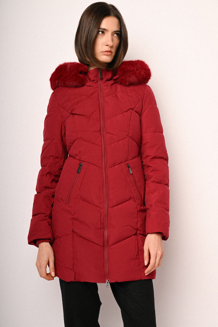 Faux fur trimmed-hoodie quilted nylon down jacket
