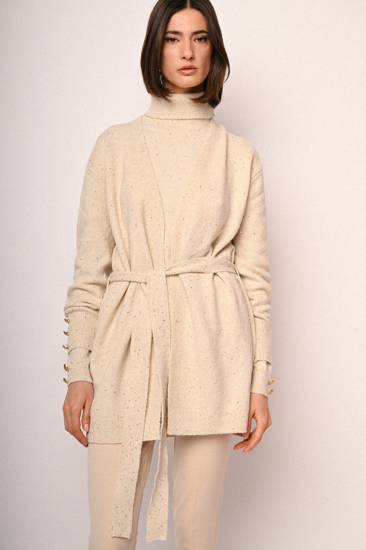 Sequin belted long cardigan