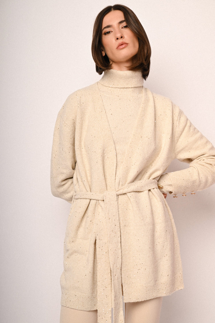 Sequin belted long cardigan