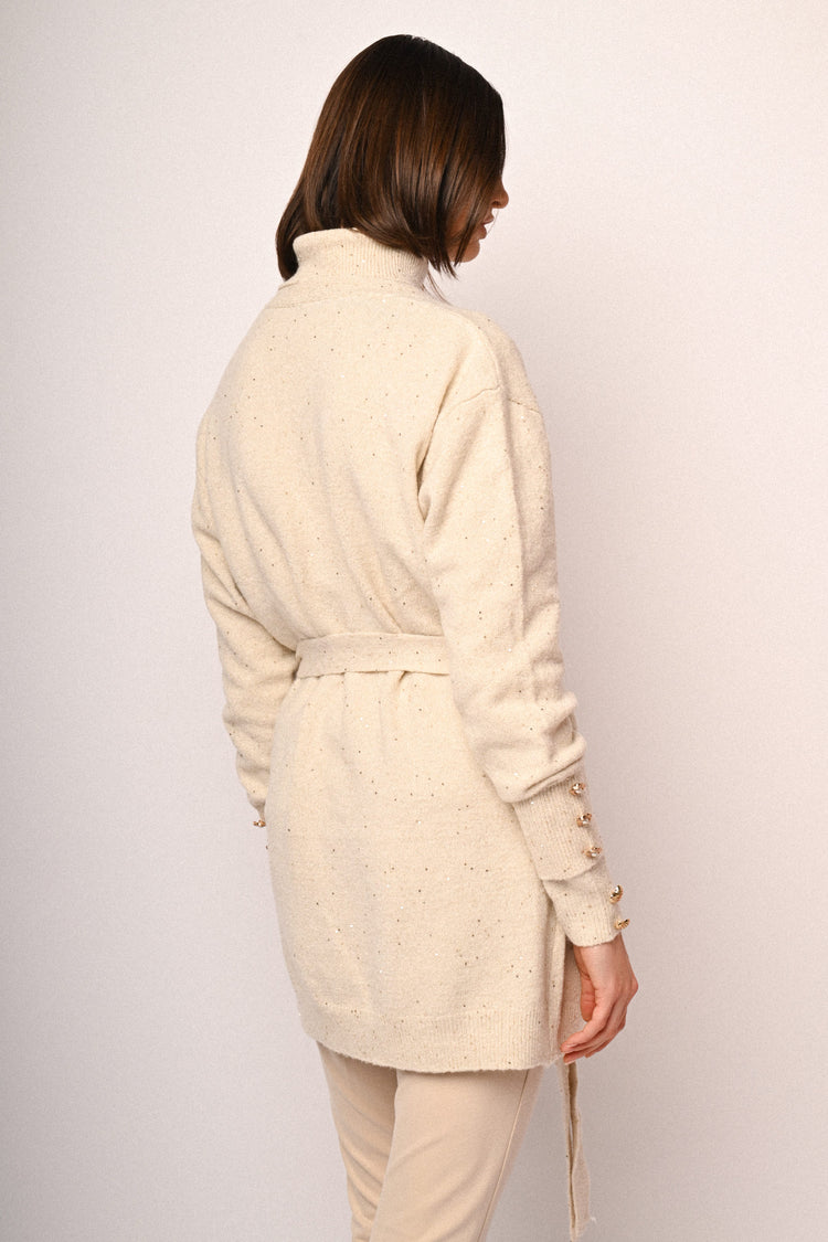 Sequin belted long cardigan