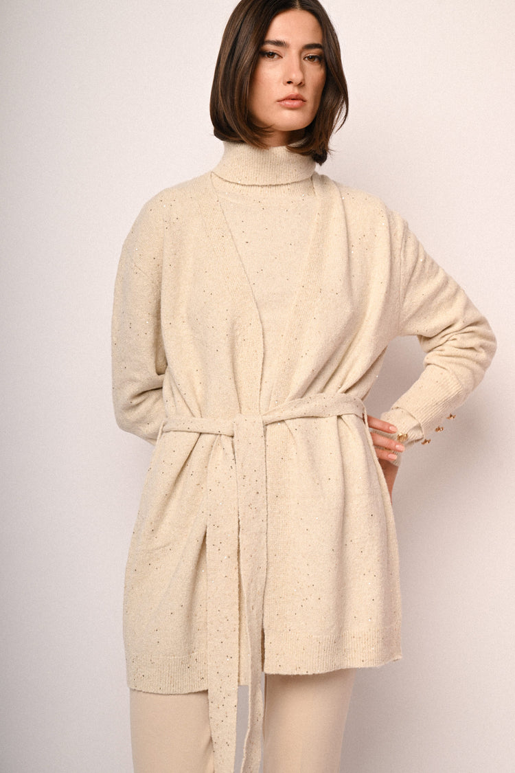 Sequin belted long cardigan