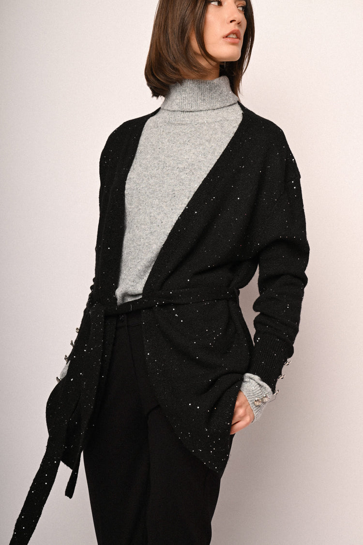 Sequin belted long cardigan