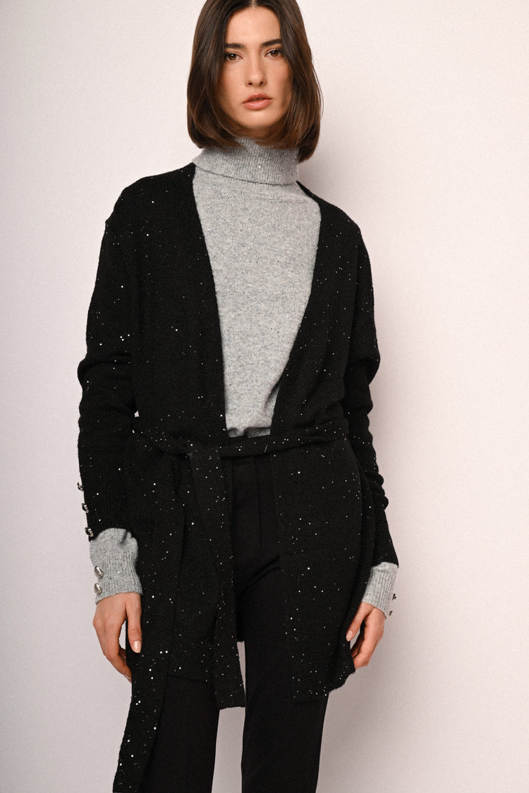 Sequin belted long cardigan