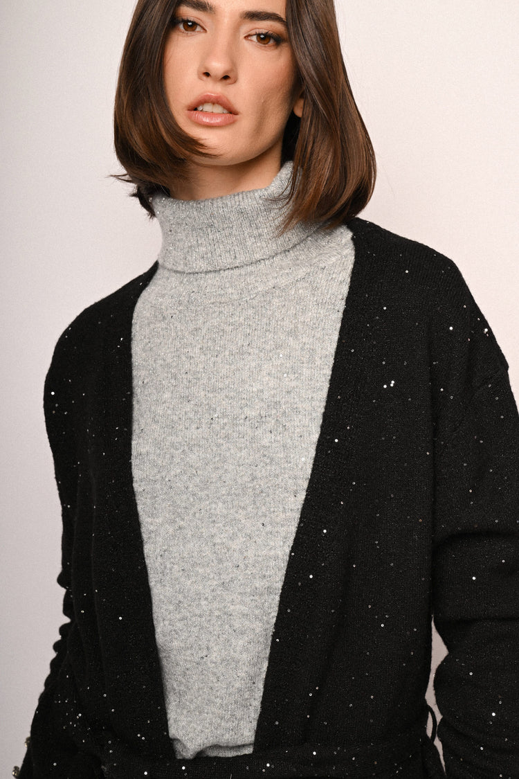 Sequin belted long cardigan