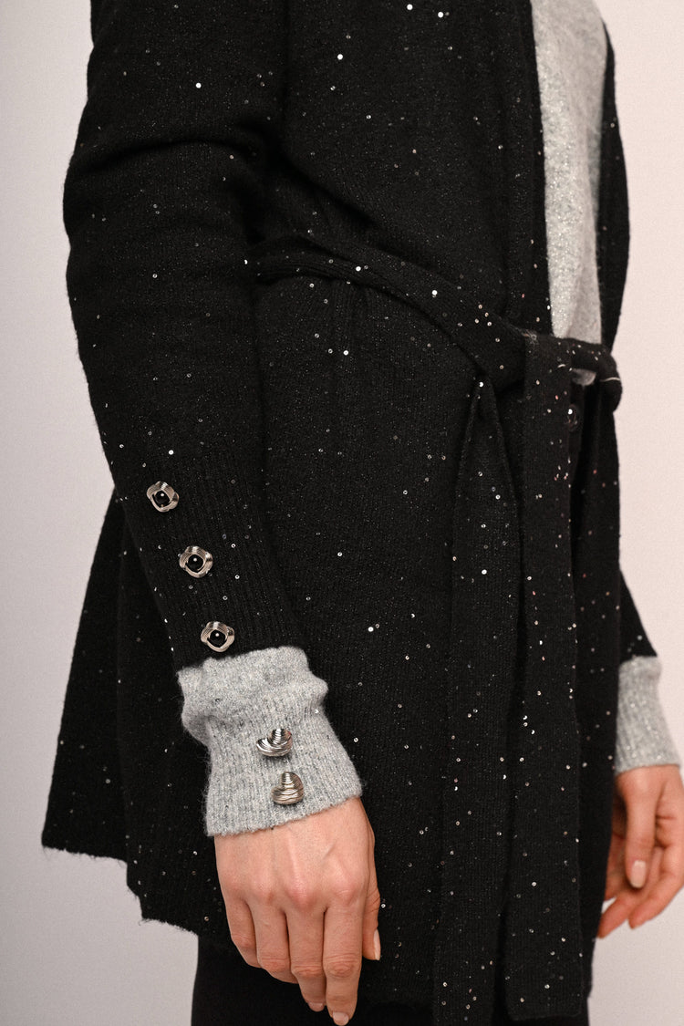 Sequin belted long cardigan