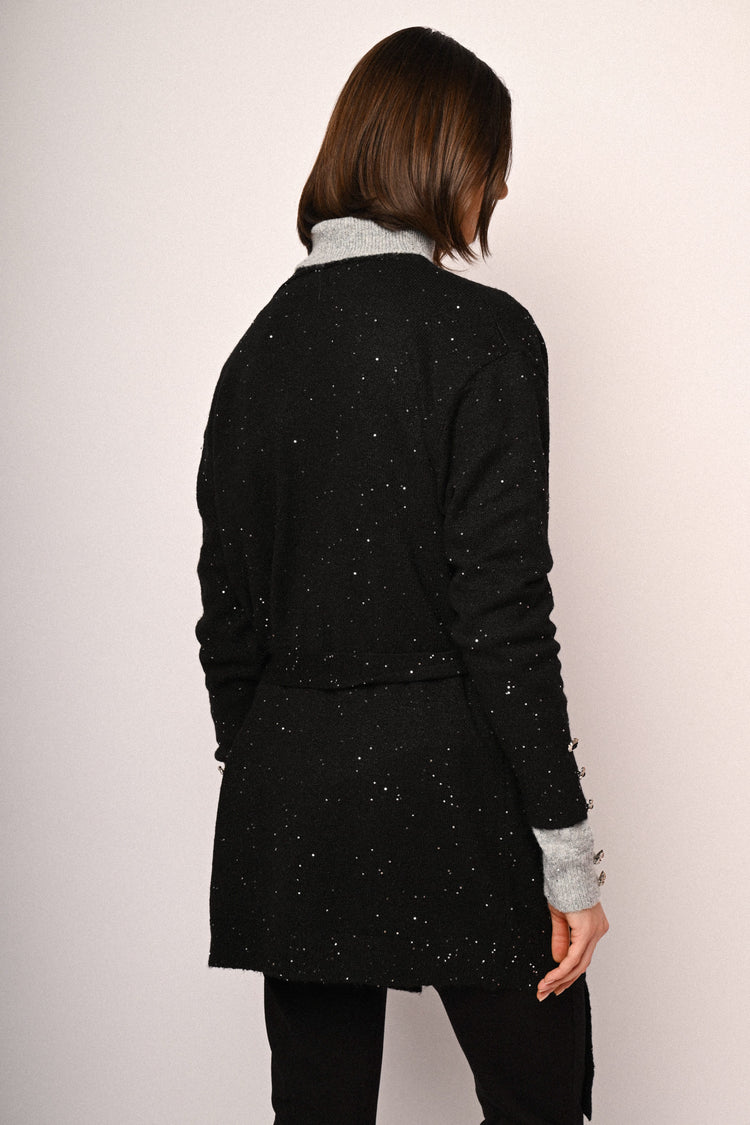 Sequin belted long cardigan