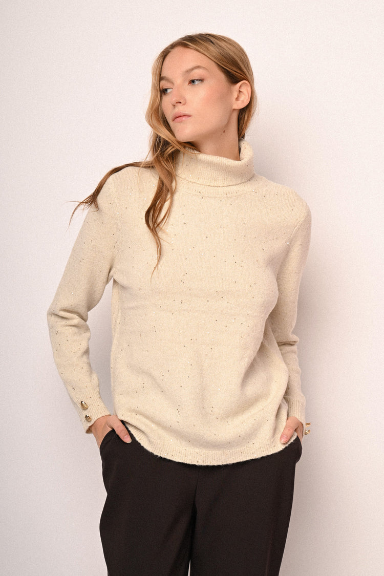 Sequin and jewel buttons turtleneck
