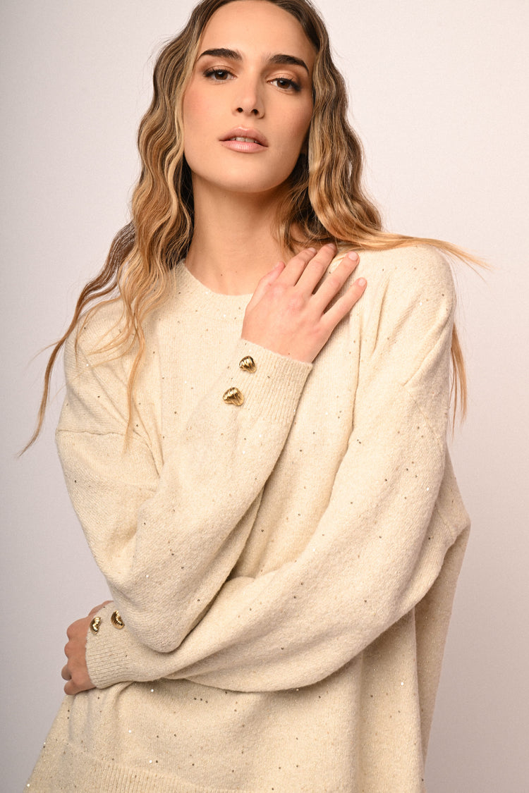 Heart-button and rhinestone sweater