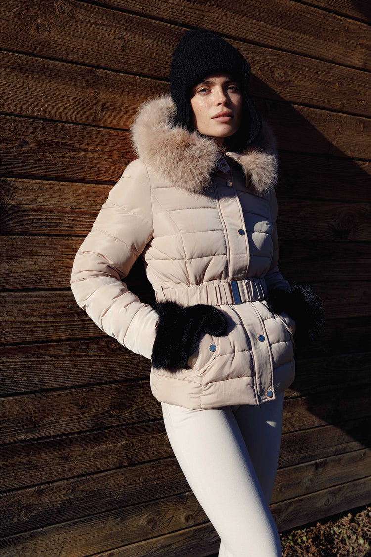 Faux fur trimmed hood short down jacket