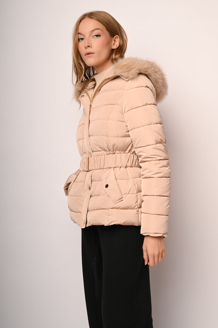 Faux fur trimmed hood short down jacket