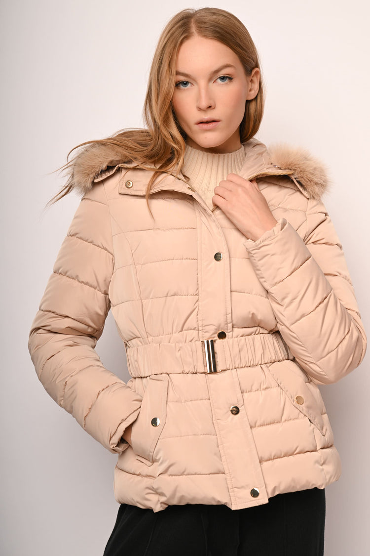 Faux fur trimmed hood short down jacket