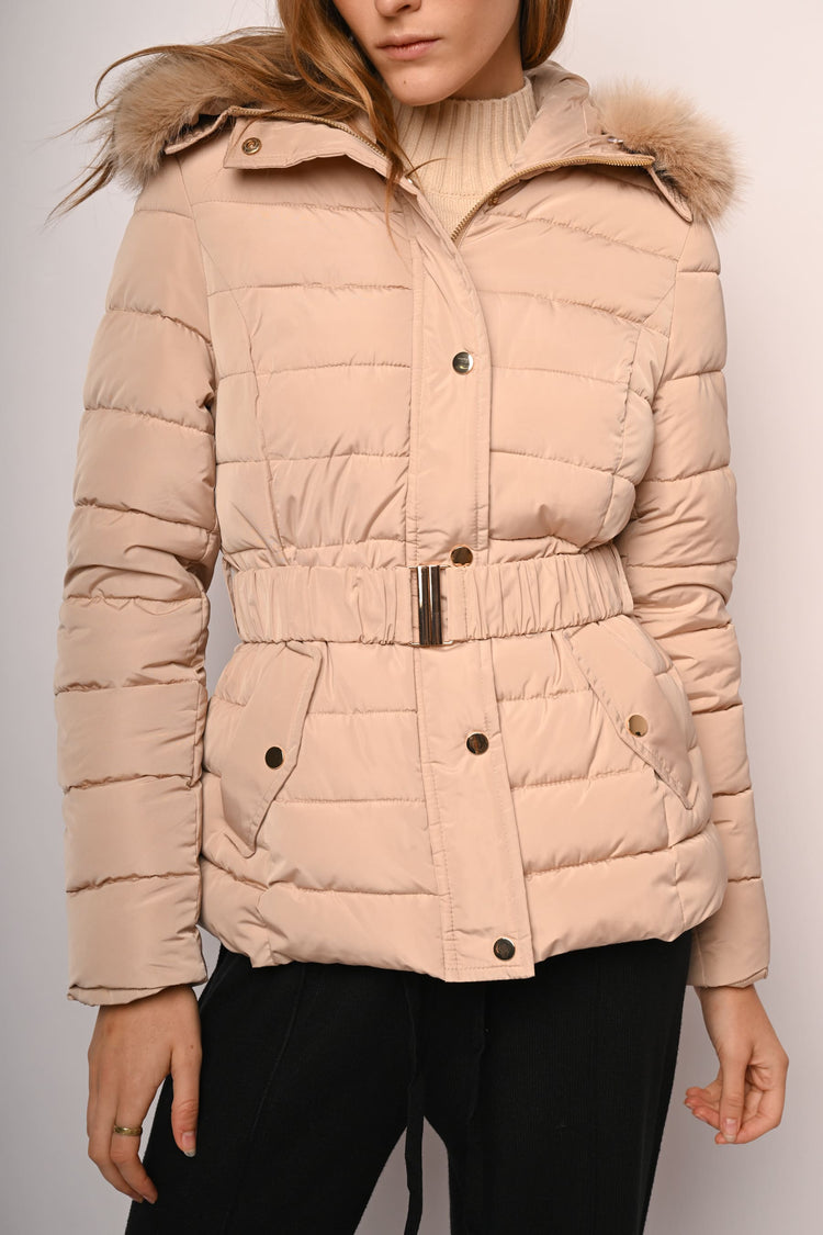 Faux fur trimmed hood short down jacket