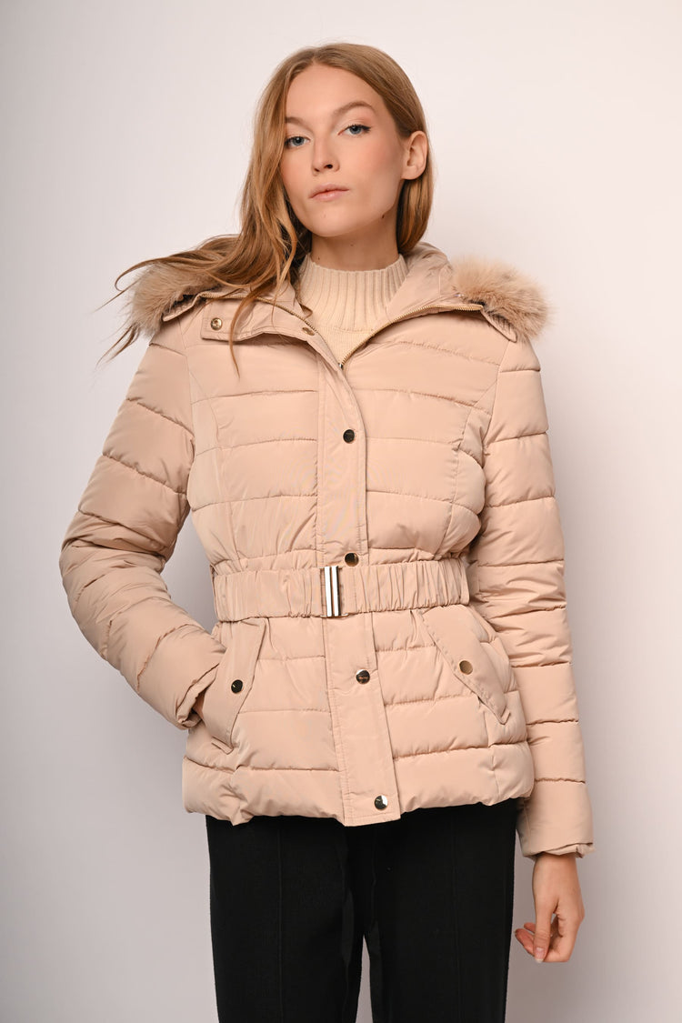 Faux fur trimmed hood short down jacket