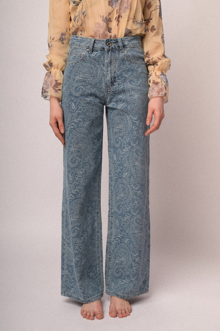 Light blue Paisley print wide-leg jeans