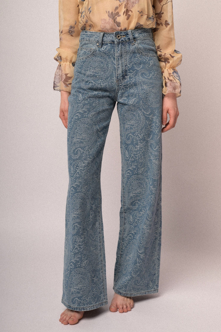 Light blue Paisley print wide-leg jeans
