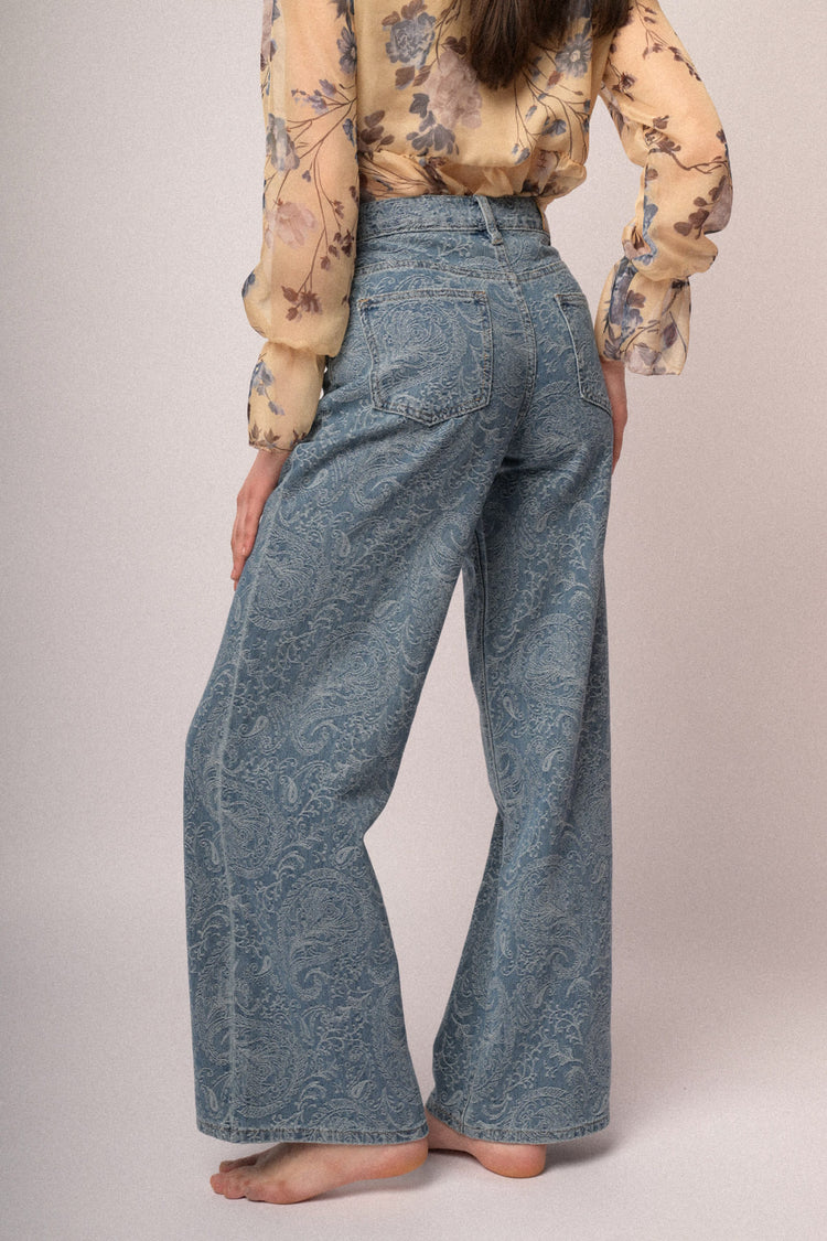 Light blue Paisley print wide-leg jeans