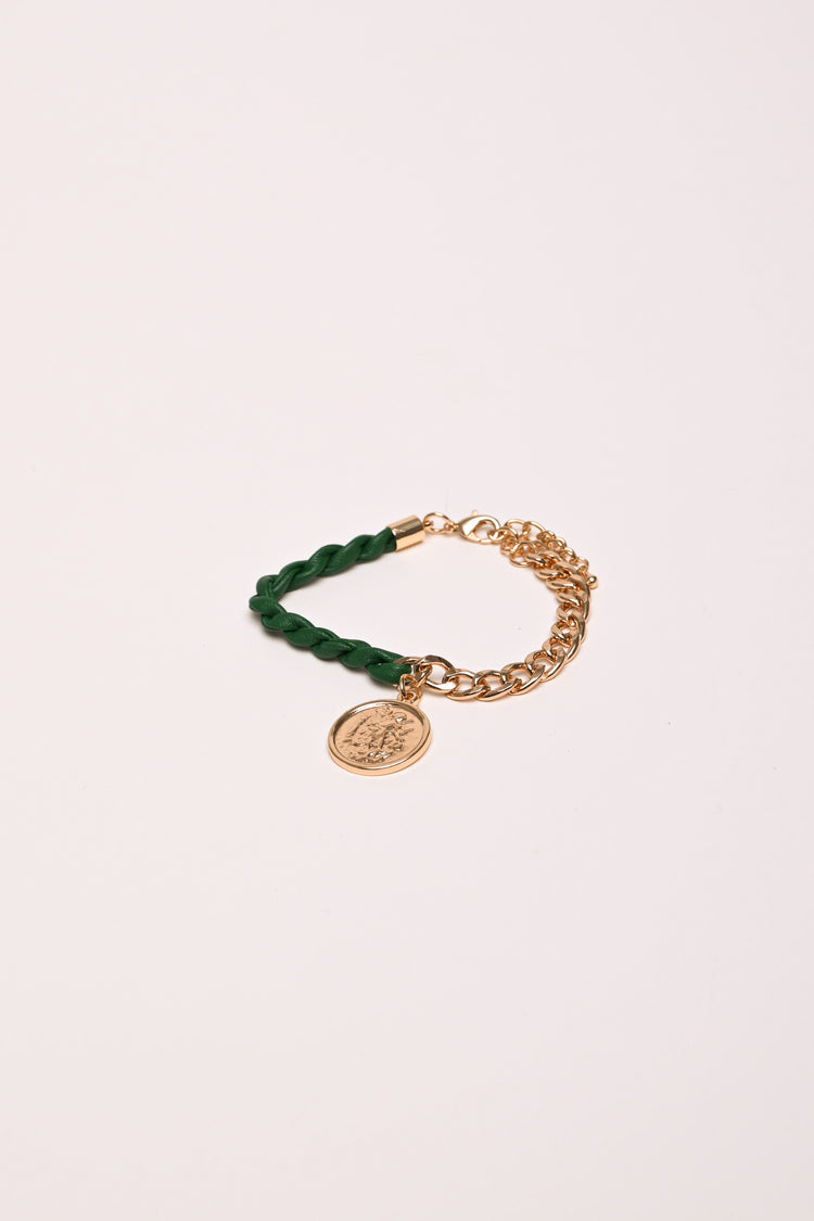 Coin pendant faux leather and chain bracelet