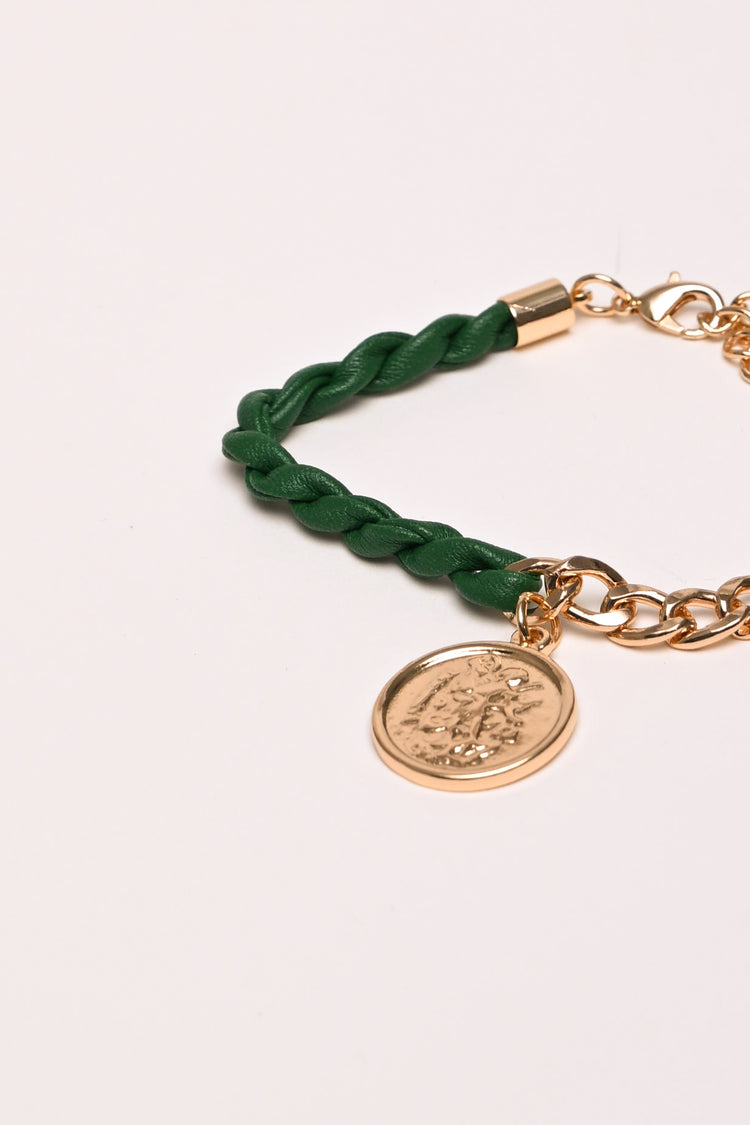 Coin pendant faux leather and chain bracelet
